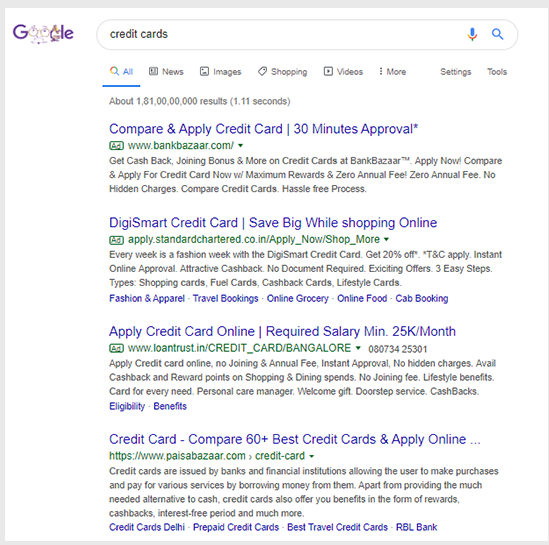 Organic and paid results are almost similar with URLs in both cases highlighted in green font 